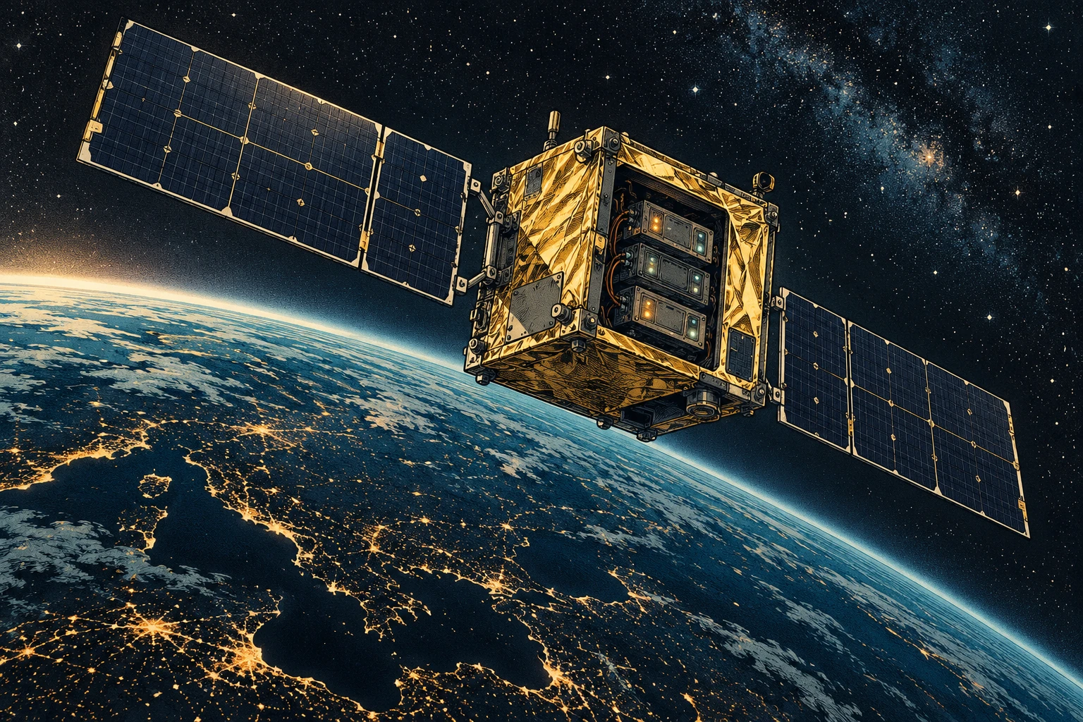 Ink-and-halftone illustration of a small satellite above Earth's curved horizon, with a cutaway showing its avionics modules.